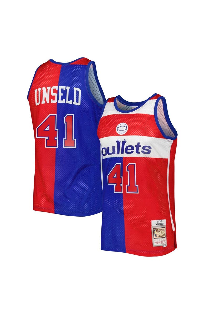 Mitchell & Ness Men's Mitchell & Ness Wes Unseld Blue/Red Washington Bullets Hardwood Classics 1977/78 Split Swingman Jersey, Main, color, 
