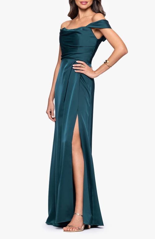 Betsy & Adam Heather Off The Shoulder Satin Gown In Green