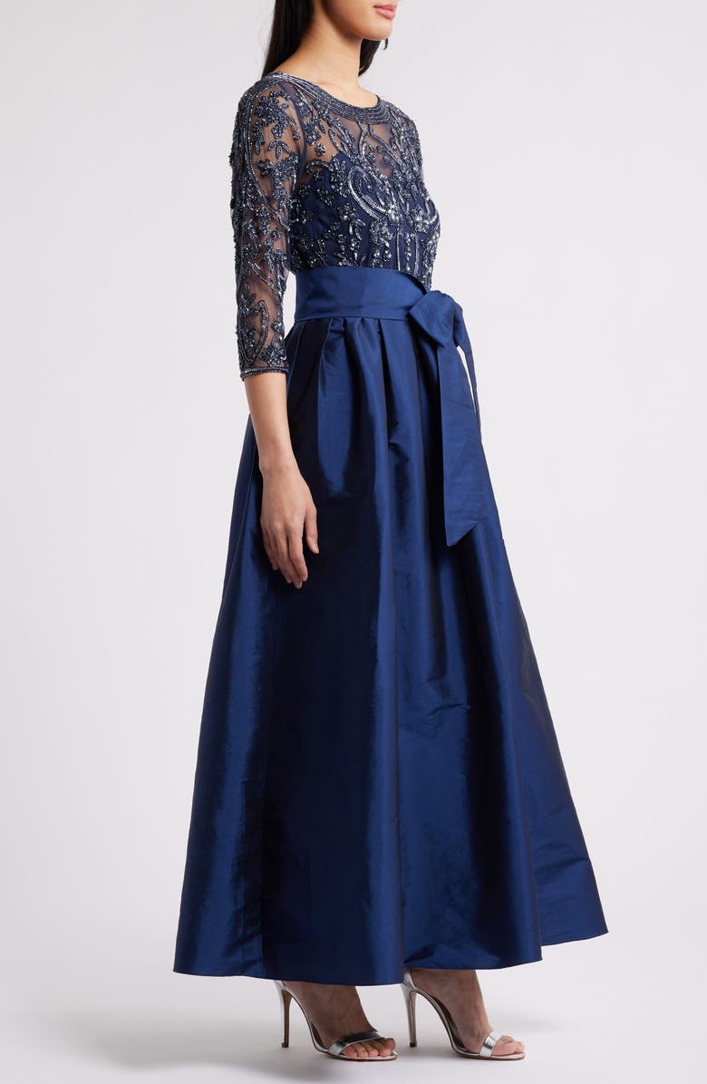 Pisarro Nights Beaded Illusion Neck Taffeta Cocktail Dress, Alternate, color, Navy