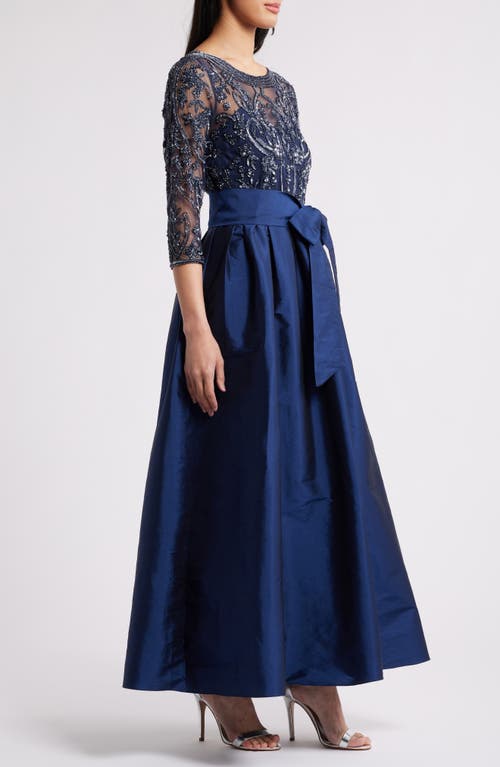 Pisarro Nights Beaded Illusion Neck Taffeta Cocktail Dress In Navy