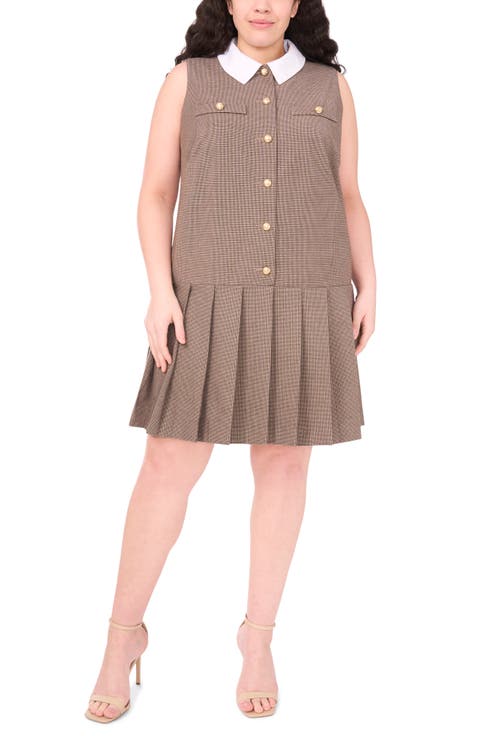 Houndstooth Sleeveless Pleated Dress (Plus)