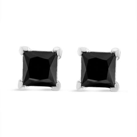 14K White Gold 5/8 Ct Princess Black Diamond Stud Earrings with Push Backs