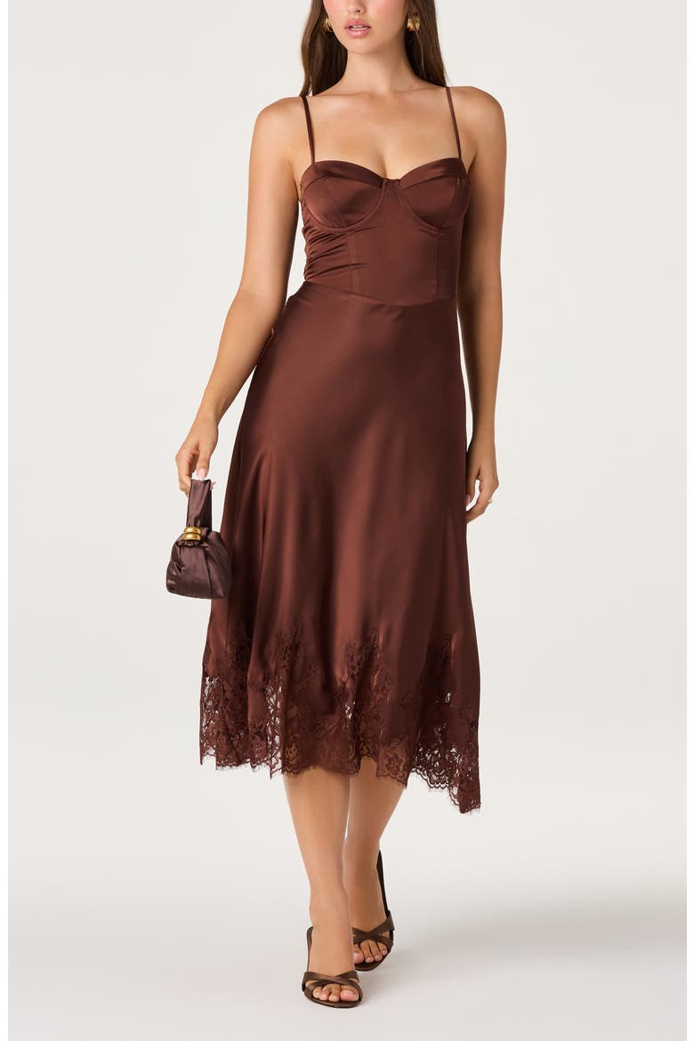 Abrianna Lace Trim Satin Midi Dress, Alternate, color, BROWN