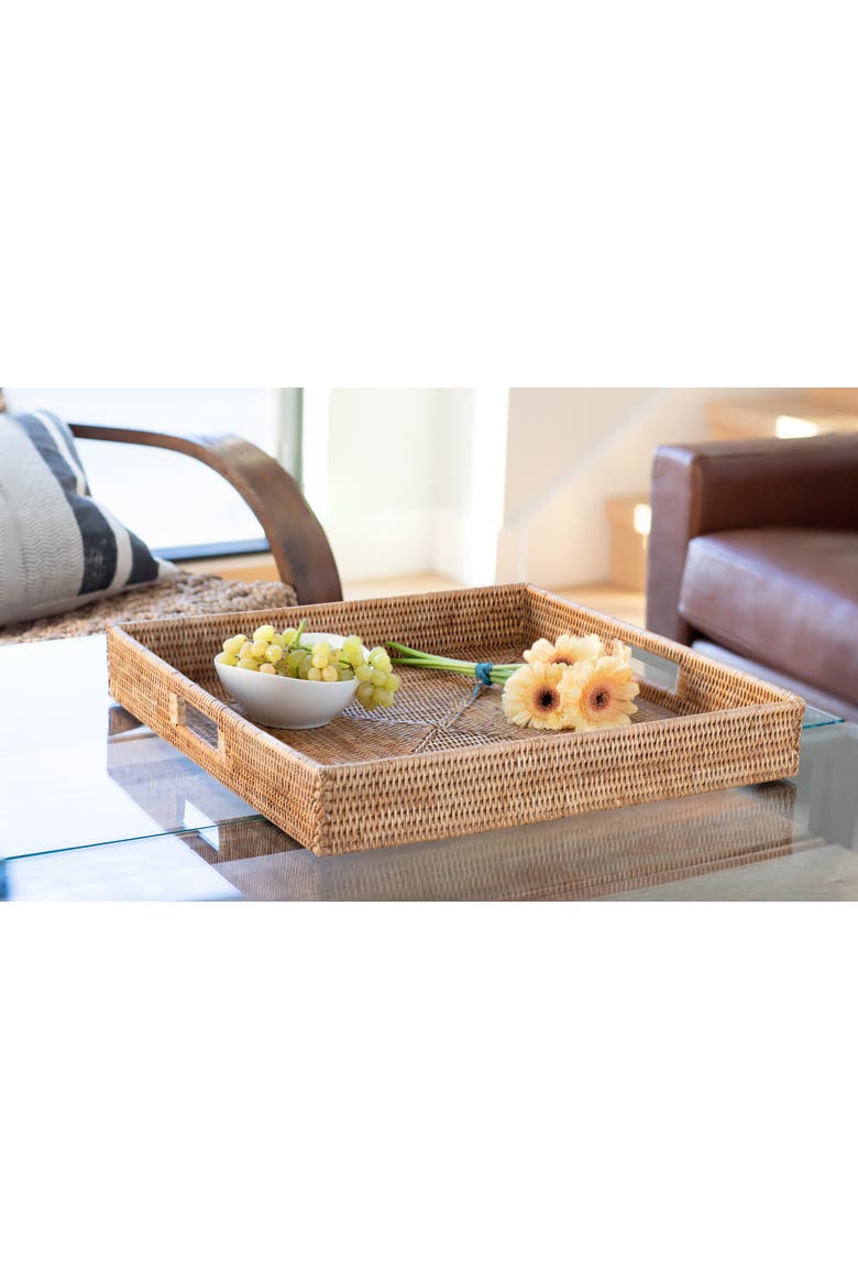 Artifacts Rattan Square Serving Tray with Cutout Handles, Alternate, color, Honey Brown