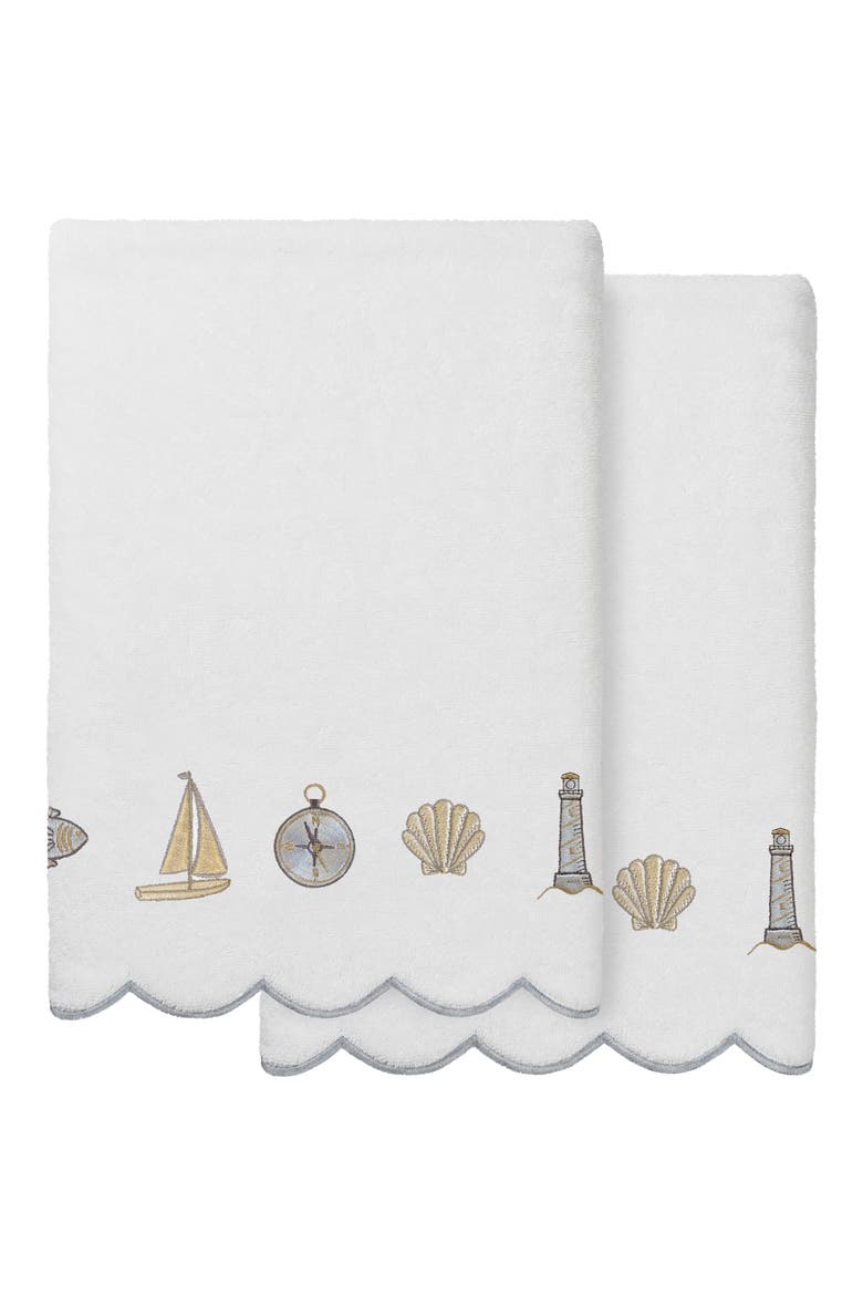 2-Piece Sea Joy Embroidered Turkish Cotton Bath Towel Set, Main, color, WHITE/ GRAY