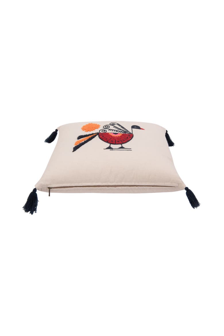 Square Cotton Pillow with Embroidered Peacock, Orange Sun & Corner Tassels, Alternate, color, White