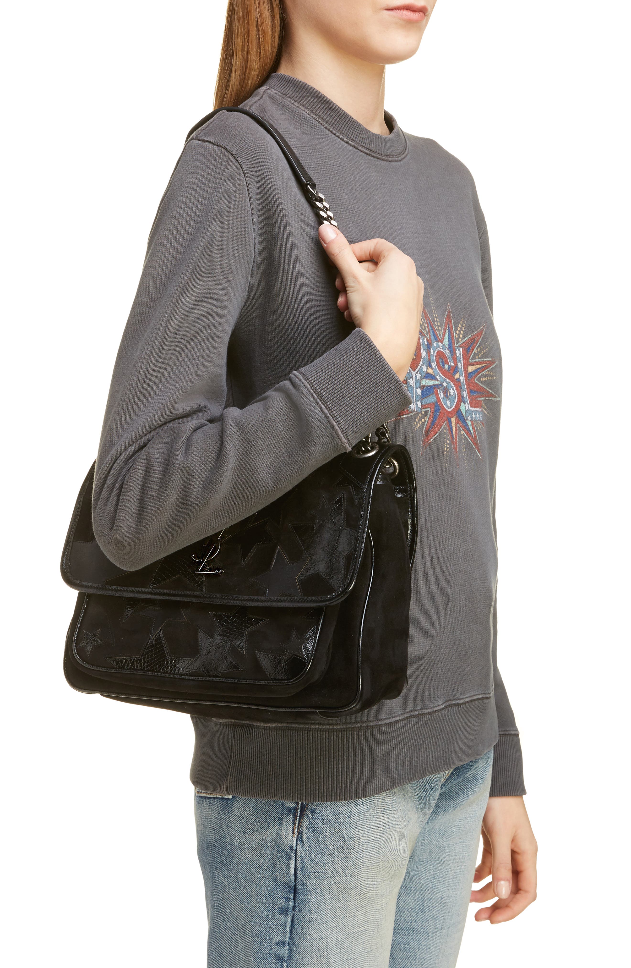 Saint Laurent Medium Niki Patchwork Suede Shoulder Bag, Alternate, color, 
