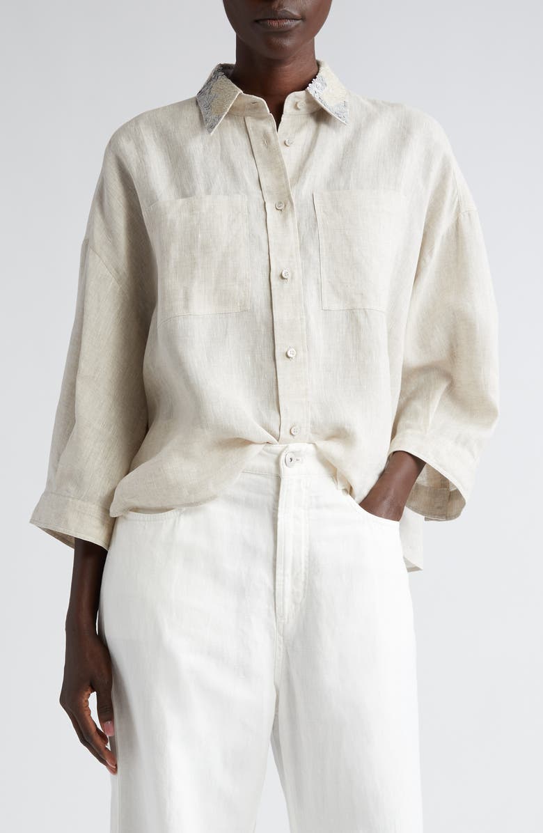Brunello Cucinelli Bead & Sequin Embellished Collar Linen Button-Up Shirt, Main, color, 