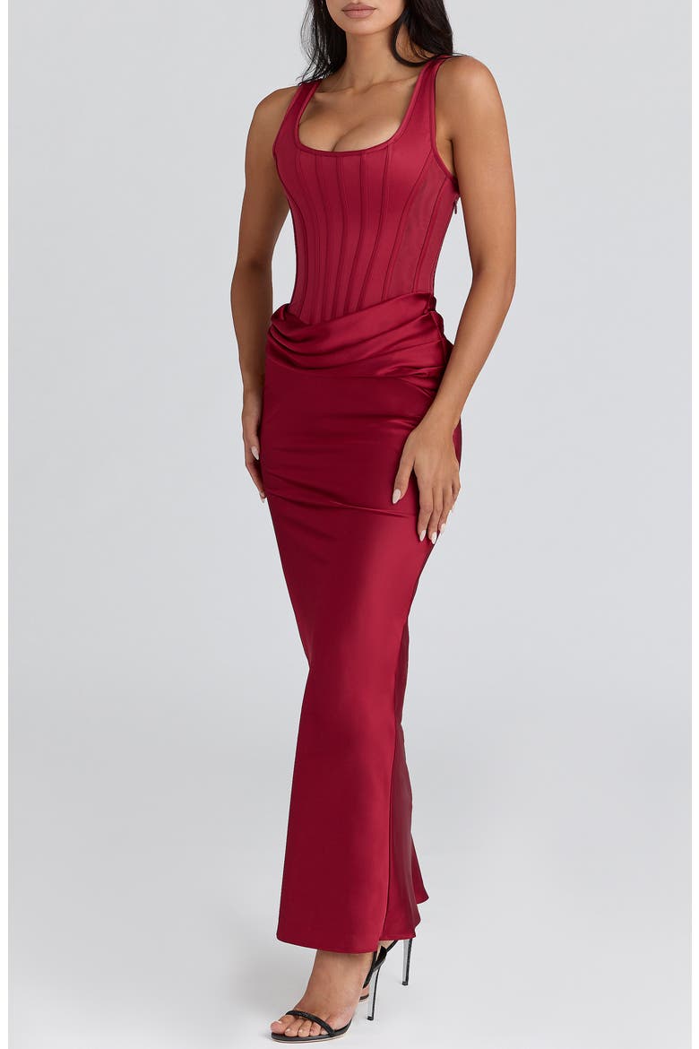 Kira Corset Bodice Satin Gown, Alternate, color, RED