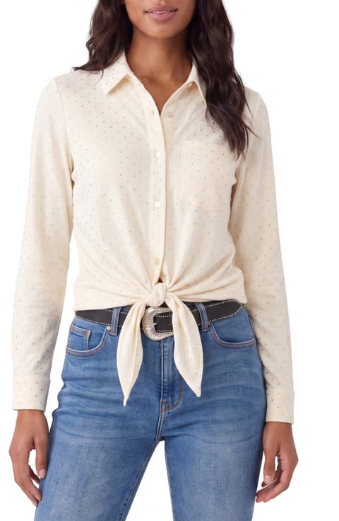 Rhinestone Faux Suede Tie Front Shirt
