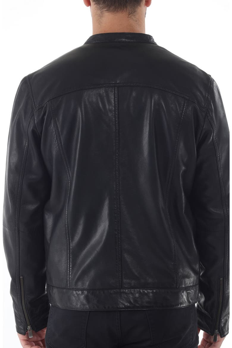Band Collar Leather Trucker Jacket, Alternate, color, BLACK