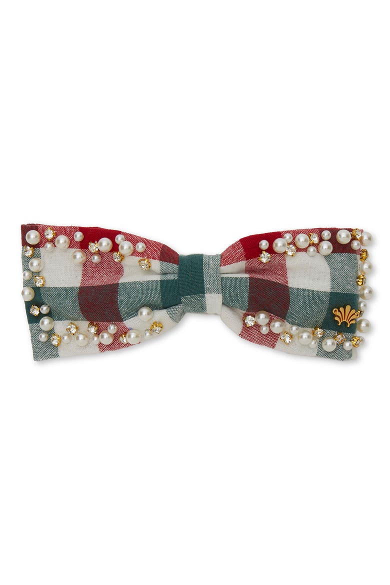 Ella Imitation Pearl Sprinkle Embellished Bow Barette, Main, color, CHRISTMAS GINGHAM