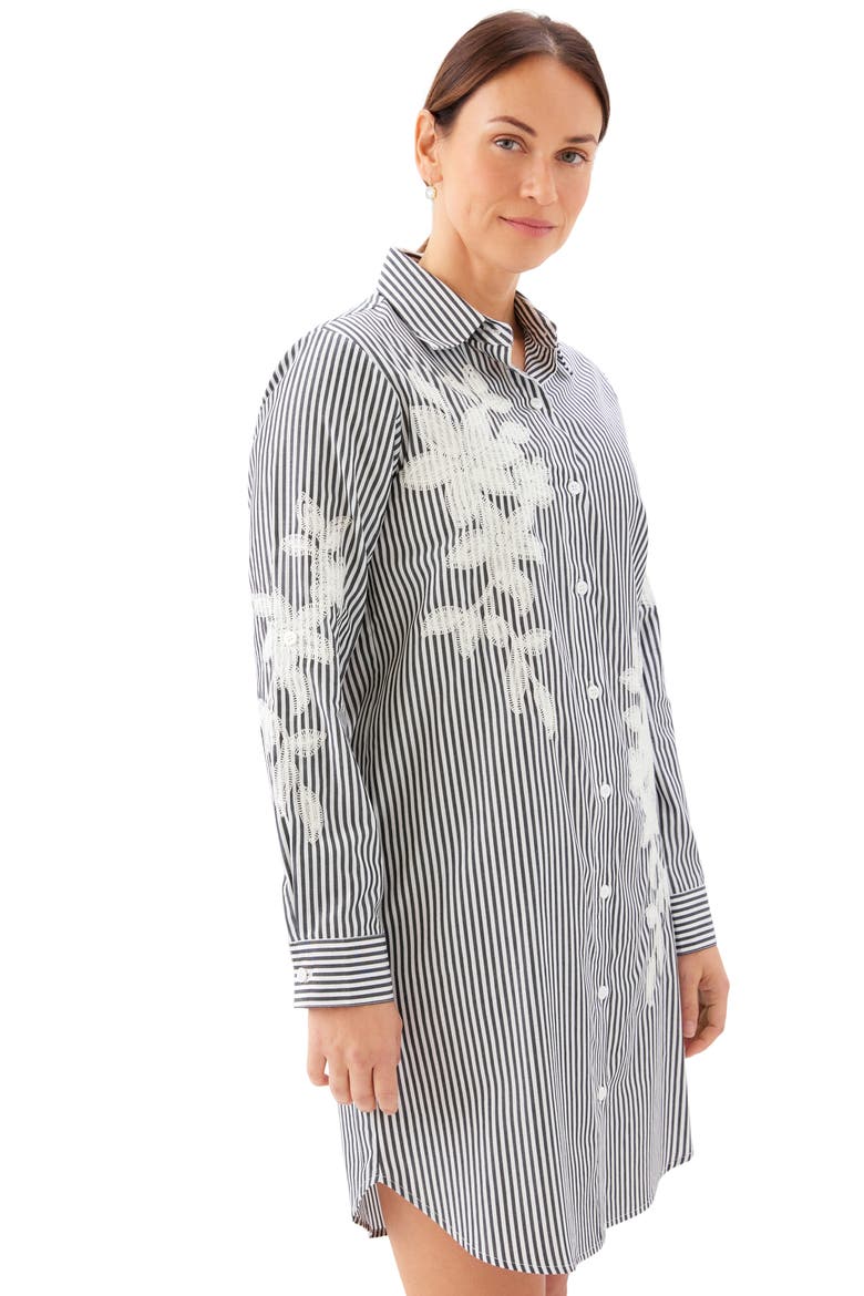 Floral Embroidery Long Sleeve Shirtdress, Alternate, color, BLACK W/ OFF WHITE