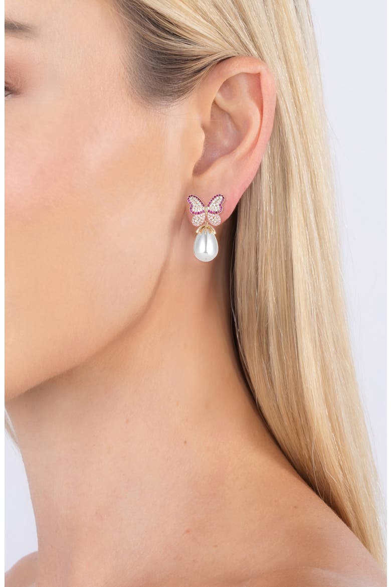 Jaci CZ Butterfly & Imitation Pearl Drop Earrings, Alternate, color, GOLD