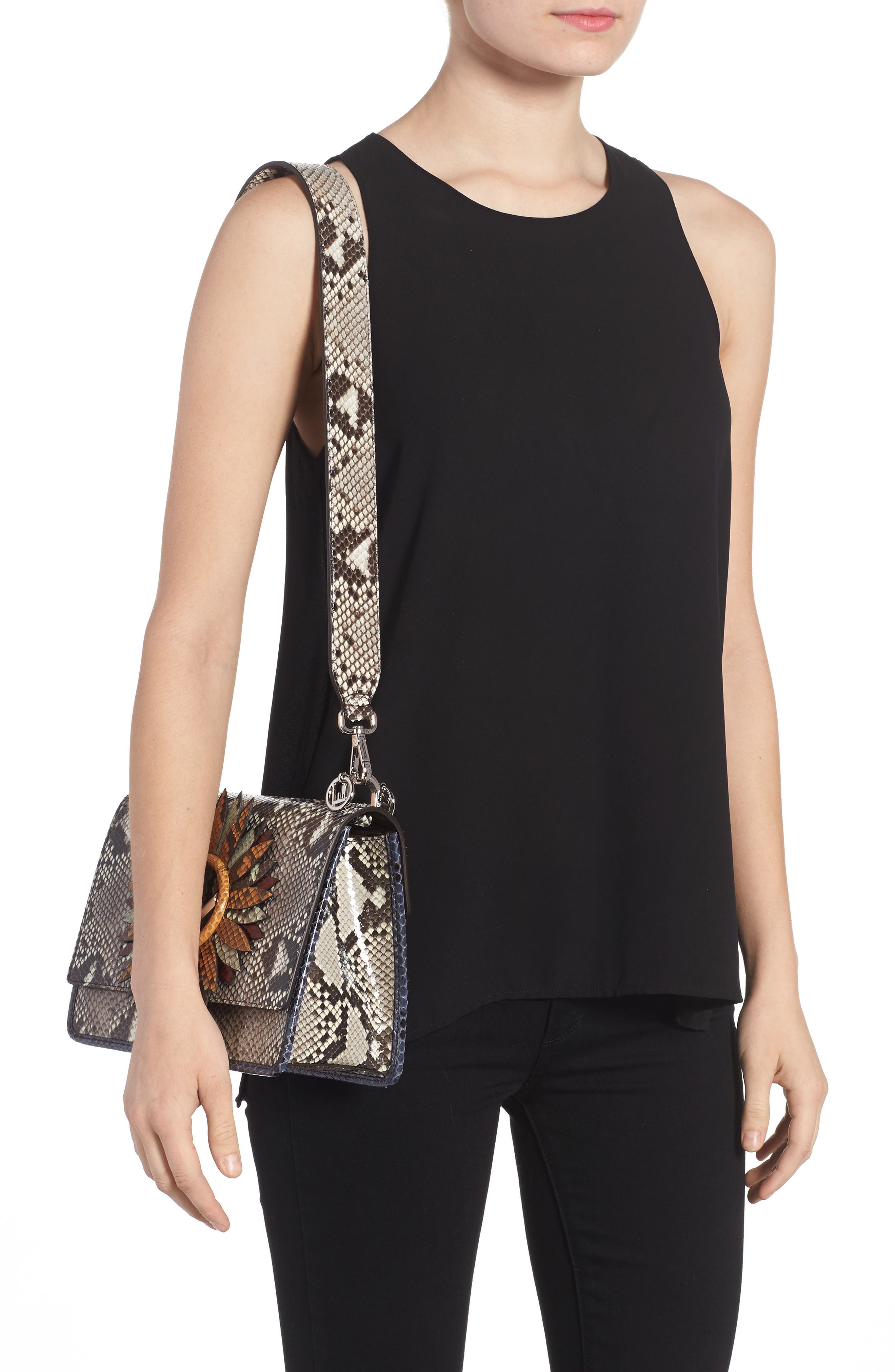 Fendi Kan I Daisy Logo Genuine Python Shoulder Bag, Alternate, color, 