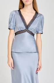 WAYF Felicity Lace Trim V-Neck Satin Top