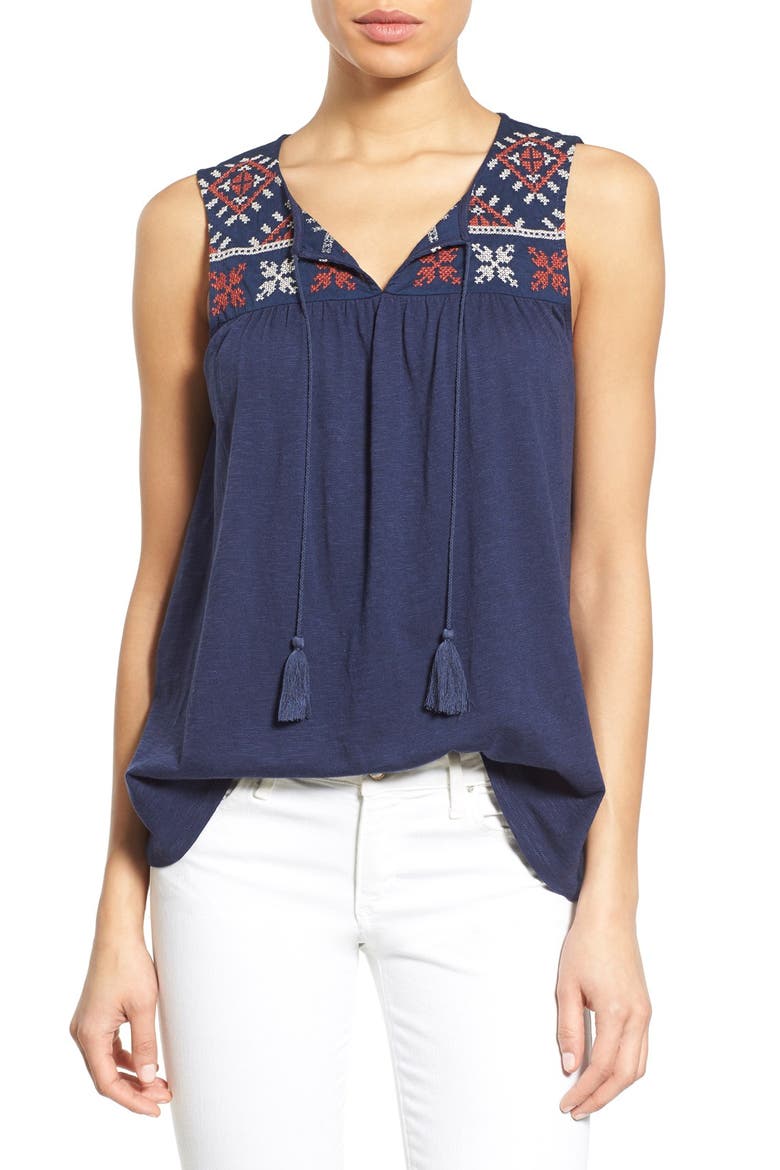 Embroidered Boho Tank, Main, color, NAVY- RED EMBROIDERY
