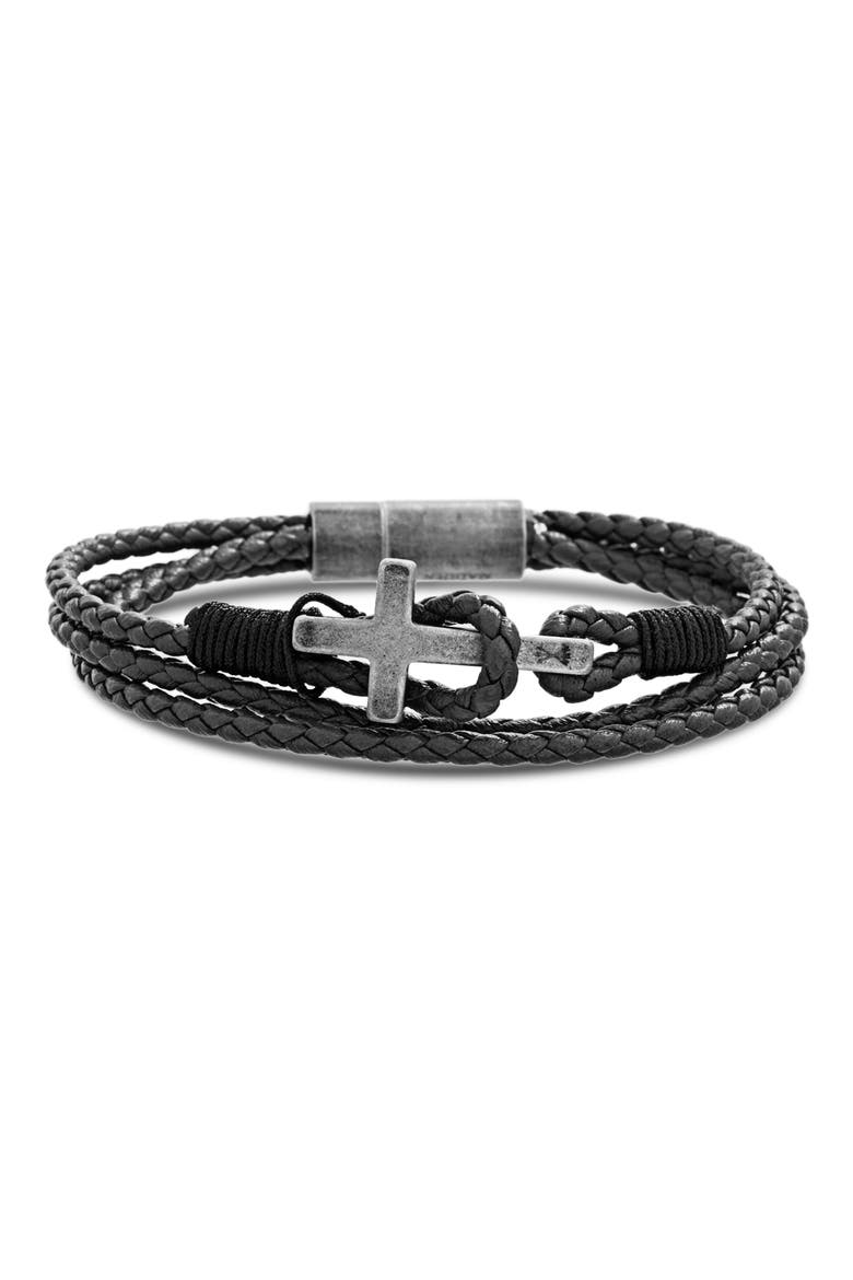 Braided Leather Cross Bracelet, Main, color, BLACK