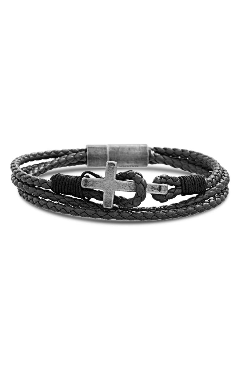 Steve Madden Braided Leather Cross Bracelet, Main, color, 