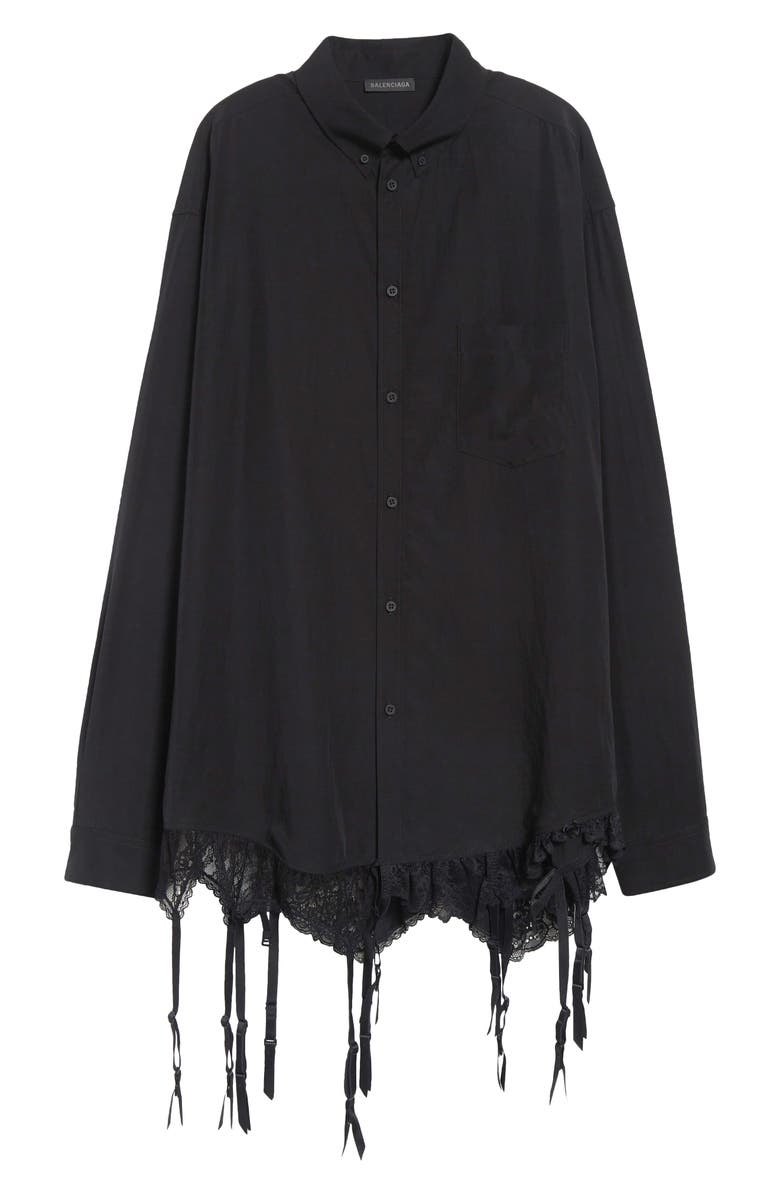 Balenciaga Lingerie Lace Trim Poplin Button-Down Shirt, Alternate, color, 