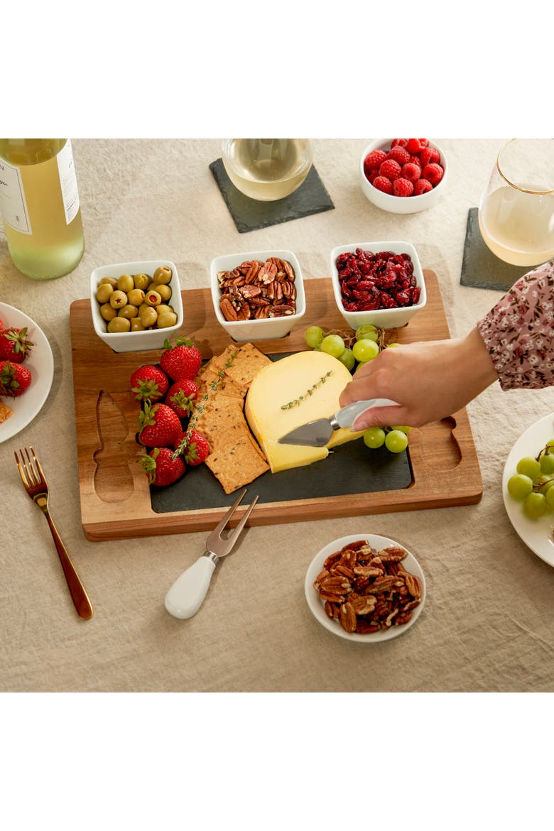 Acacia Wood & Slate Cheese Board Set with Ceramic Bowls, Alternate, color, Brown