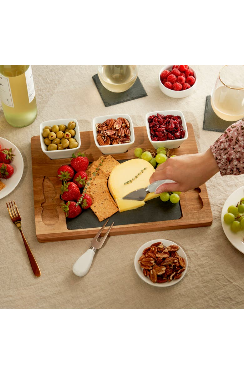 TWINE Acacia Wood & Slate Cheese Board Set with Ceramic Bowls, Alternate, color, Brown