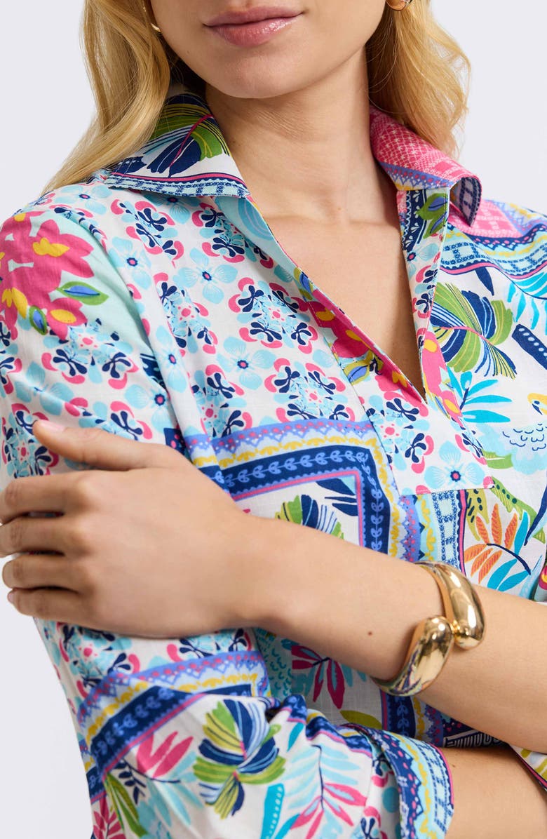 Foxcroft Julia Tropical Print Cotton Popover Top, Alternate, color, Blue Multi