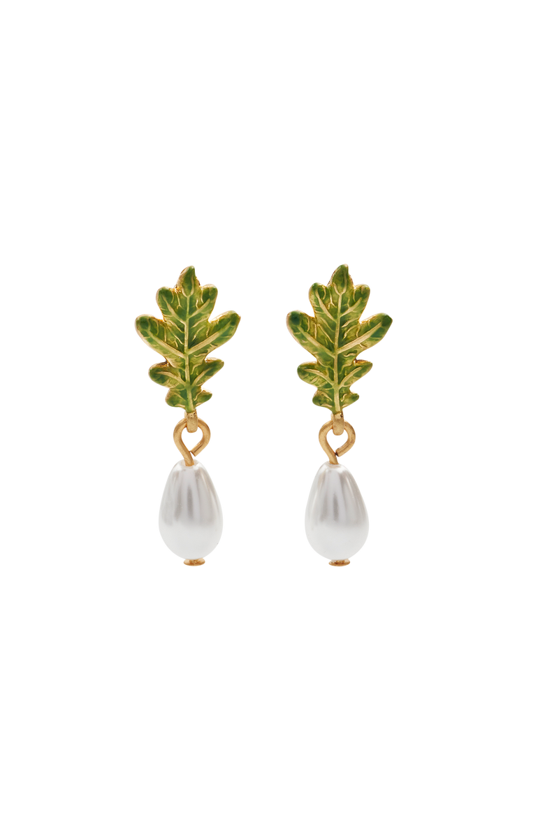 Oak Leaf Pearl Drop Gold Earrings, Main, color, Gold