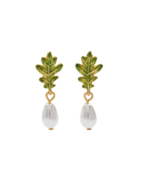 Oak Leaf Pearl Drop Gold Earrings