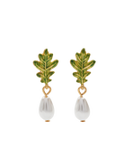 Fable England Oak Leaf Pearl Drop Gold Earrings