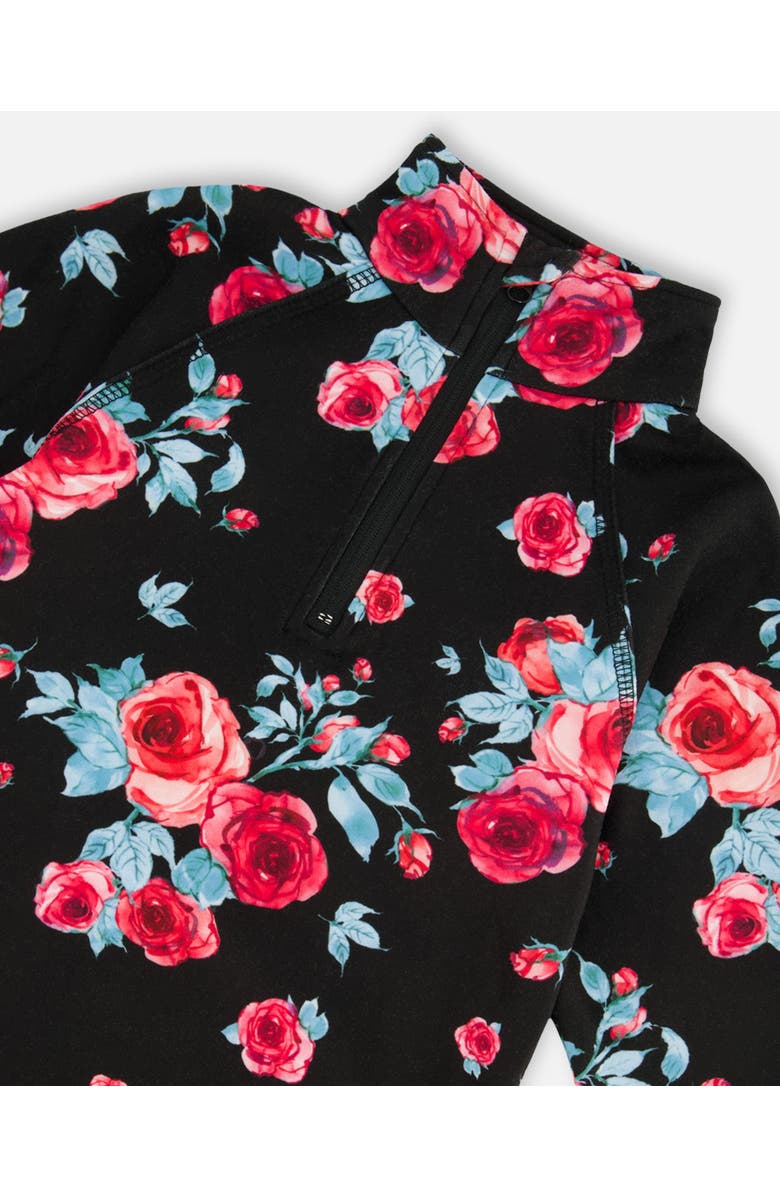 Deux par Deux Girl's Two Piece Thermal Underwear Set Black Printed Roses, Alternate, color,