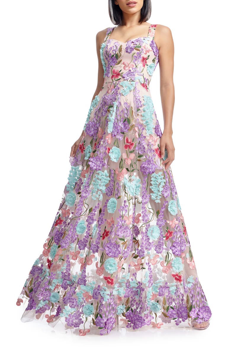Anabel Floral Appliqué Chiffon Gown, Main, color, BLUSH MULTI