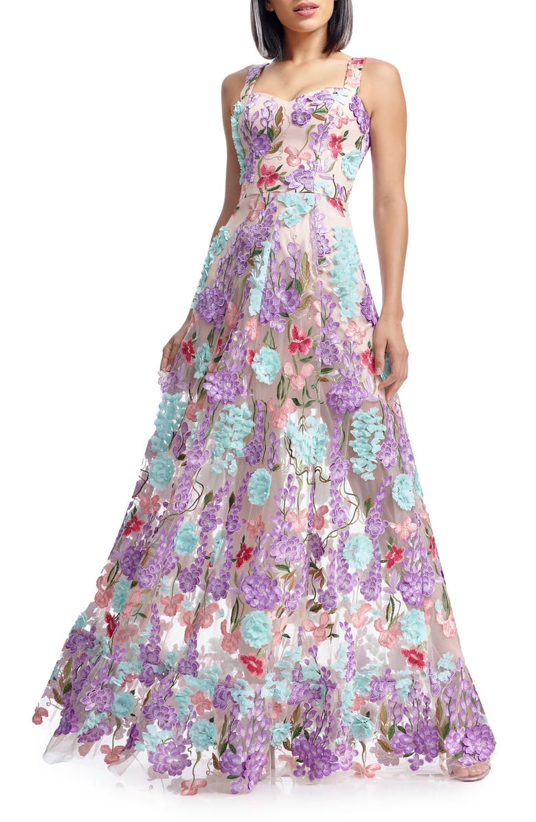 Dress the Population Anabel Floral Appliqué Chiffon Gown, Main, color, Blush Multi