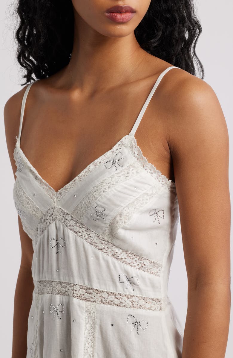 LoveShackFancy Soblina Rhinestone Bow Cotton Minidress, Alternate, color, White