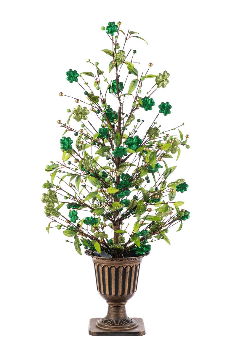 Glitzhome 3FT Lighted St. Patrick's Shamrock Urn Porch Tree with Timer, Alternate, color, Green