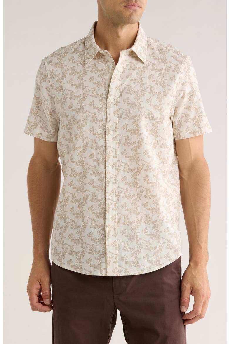 Floral Print Short Sleeve Linen & Cotton Button-Up Shirt, Main, color, WHITE SCROLLING FLEUR
