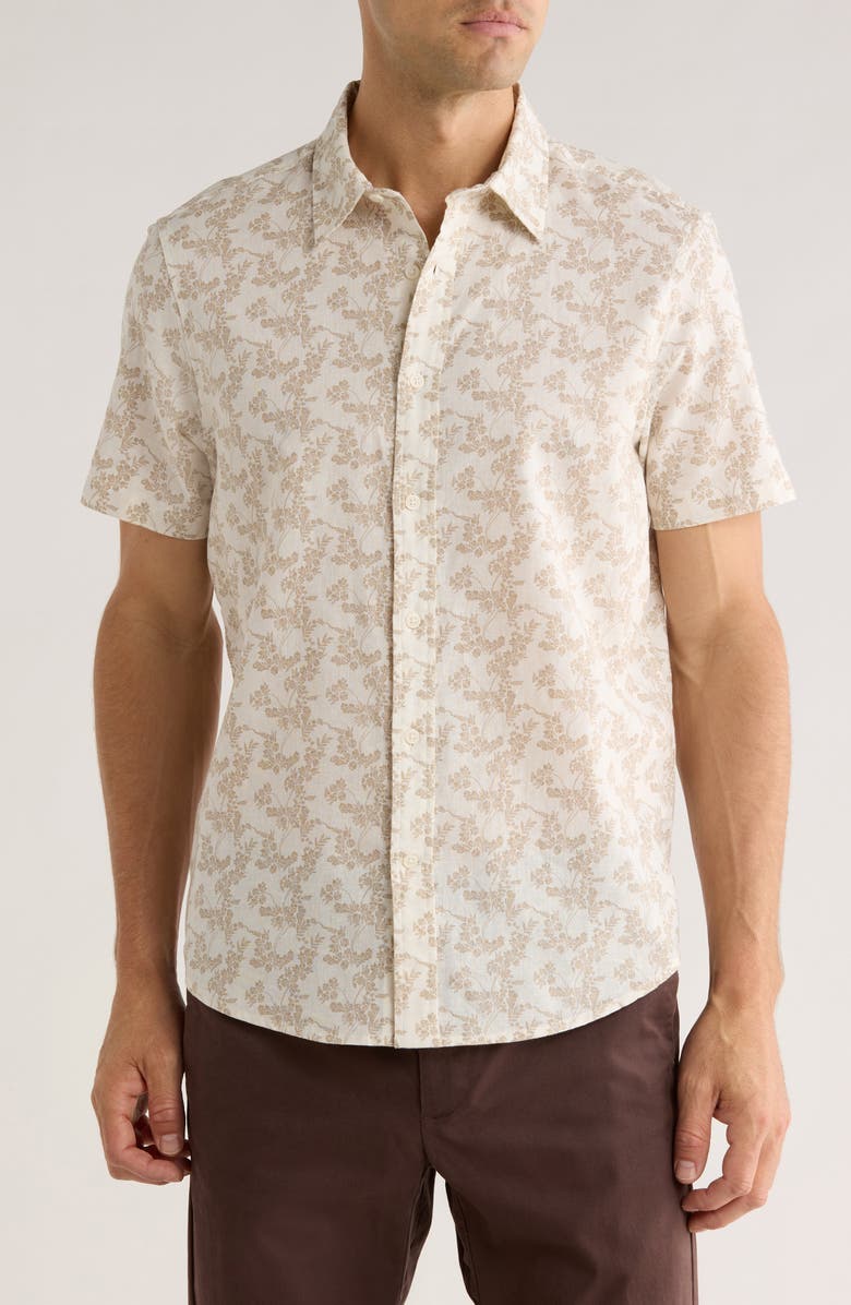 14th & Union Floral Print Short Sleeve Linen & Cotton Button-Up Shirt, Main, color, White Scrolling Fleur