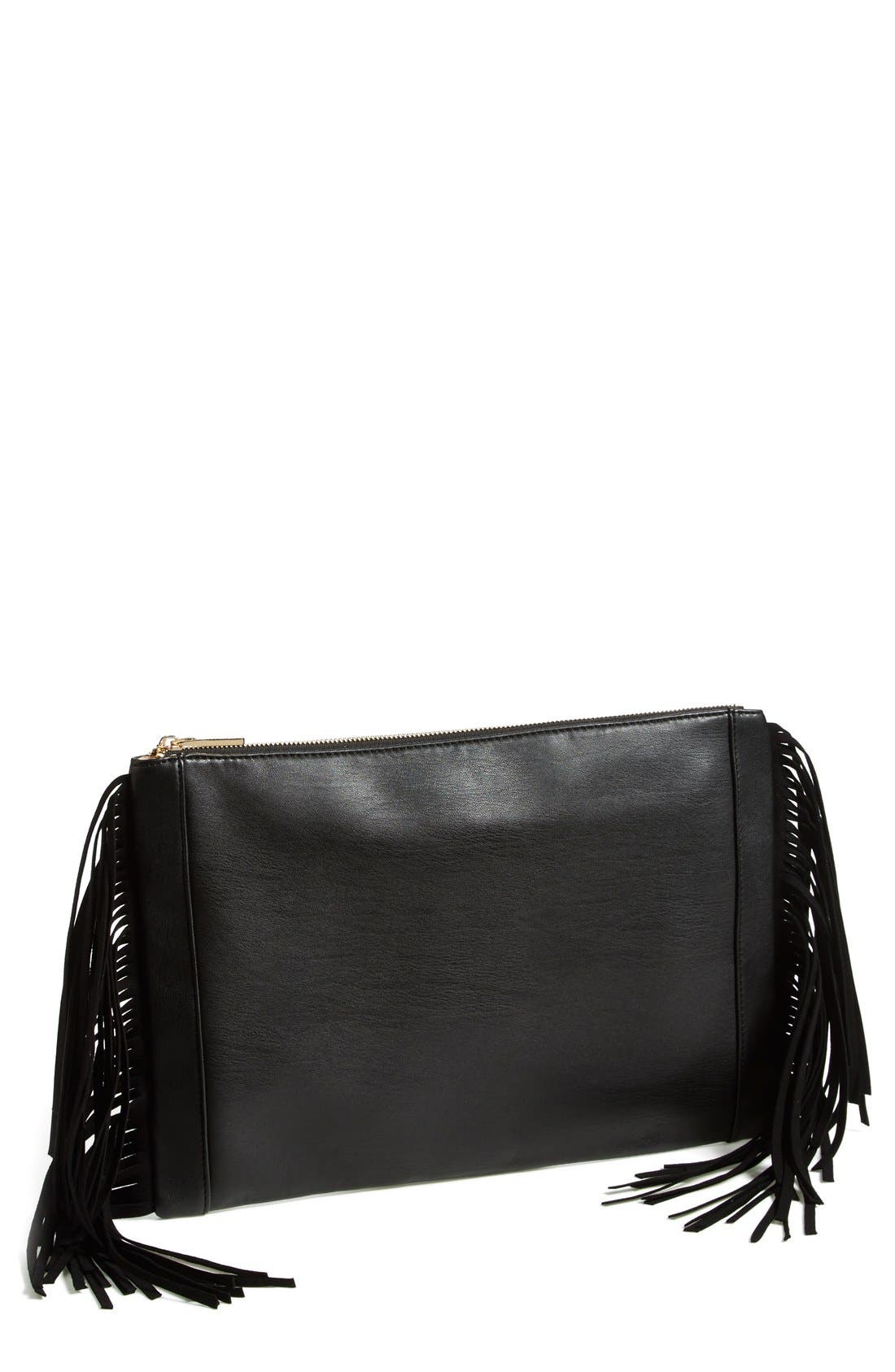 'Joplin' Oversized Fringe Clutch, Main, color, BLACK
