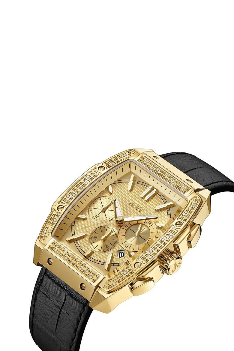 Echelon Diamond Chronograph Croc Embossed Leather Strap Watch, 41mm, Alternate, color, BLACK