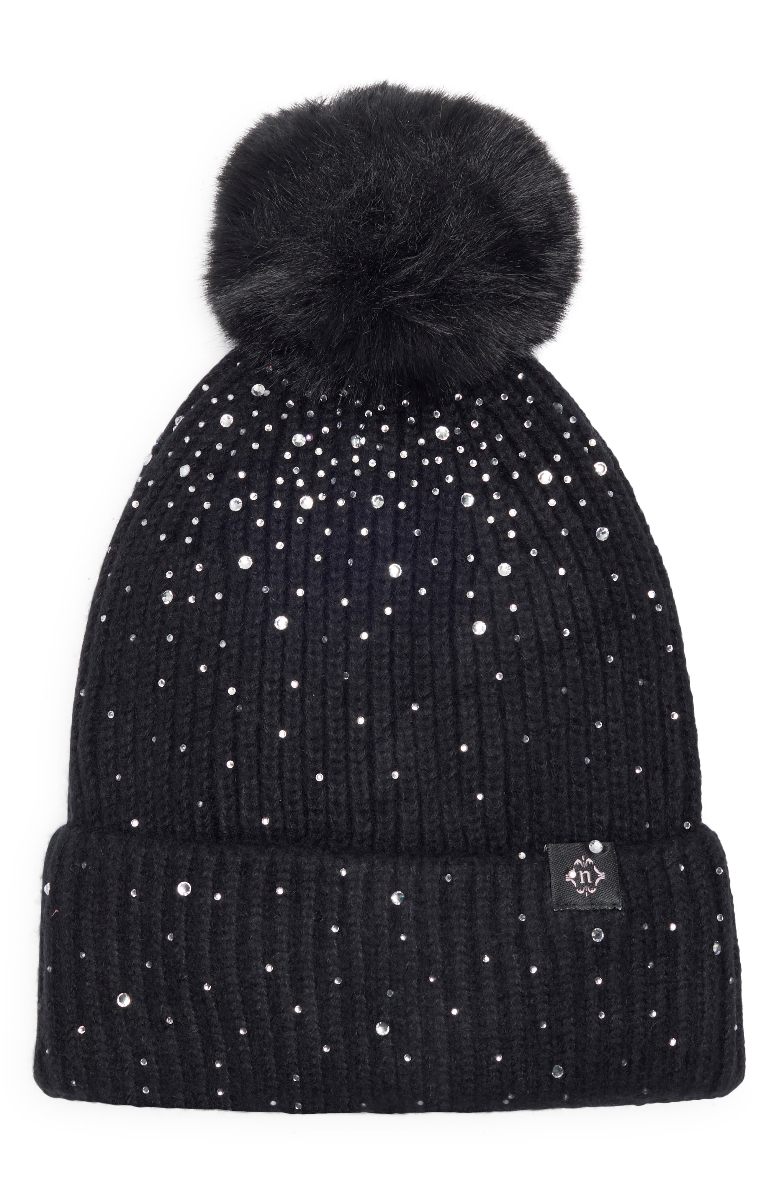 Nanette Lepore Scattered Rhinestone Beanie with Faux Fur Pompom