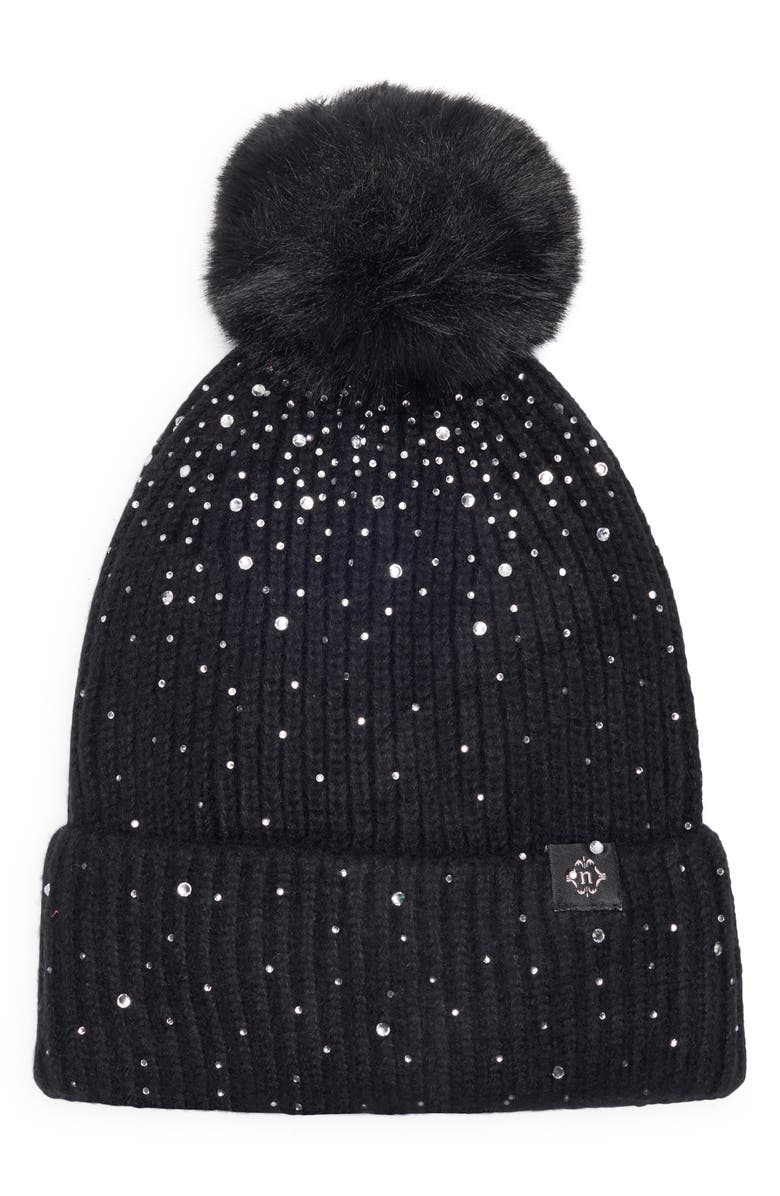 Nanette Lepore Scattered Rhinestone Beanie with Faux Fur Pompom, Main, color, Black