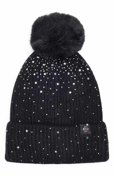 Nanette Lepore Scattered Rhinestone Beanie with Faux Fur Pompom