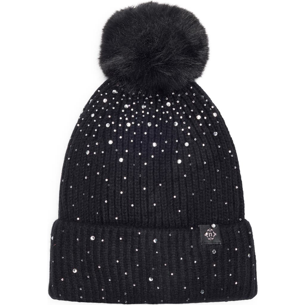 Nanette Lepore Scattered Rhinestone Beanie With Faux Fur Pompom In Black