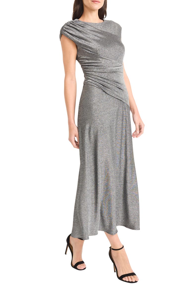 Cap Sleeve Metallic Midi Dress, Alternate, color, SILVER