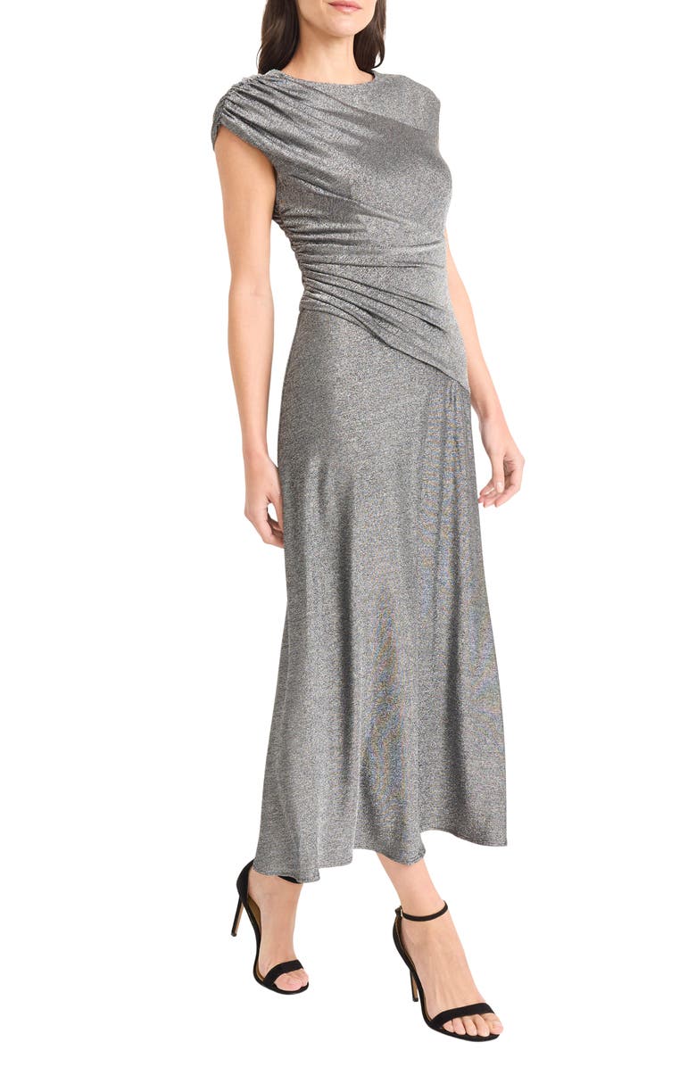 Maggy London Cap Sleeve Metallic Midi Dress, Alternate, color, Silver