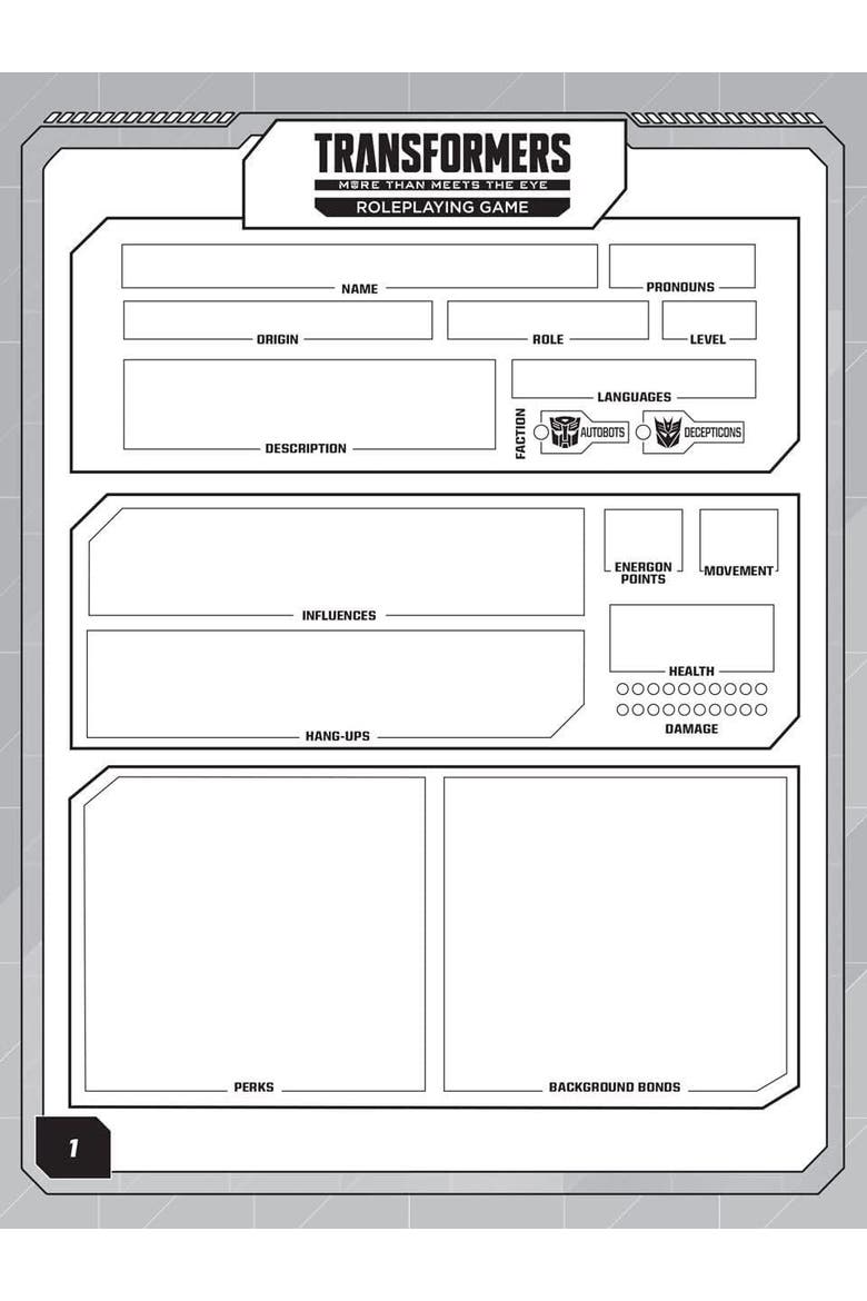 Transformers Roleplaying Game Expanded Character Sheet Journal, Alternate, color, Multicolored