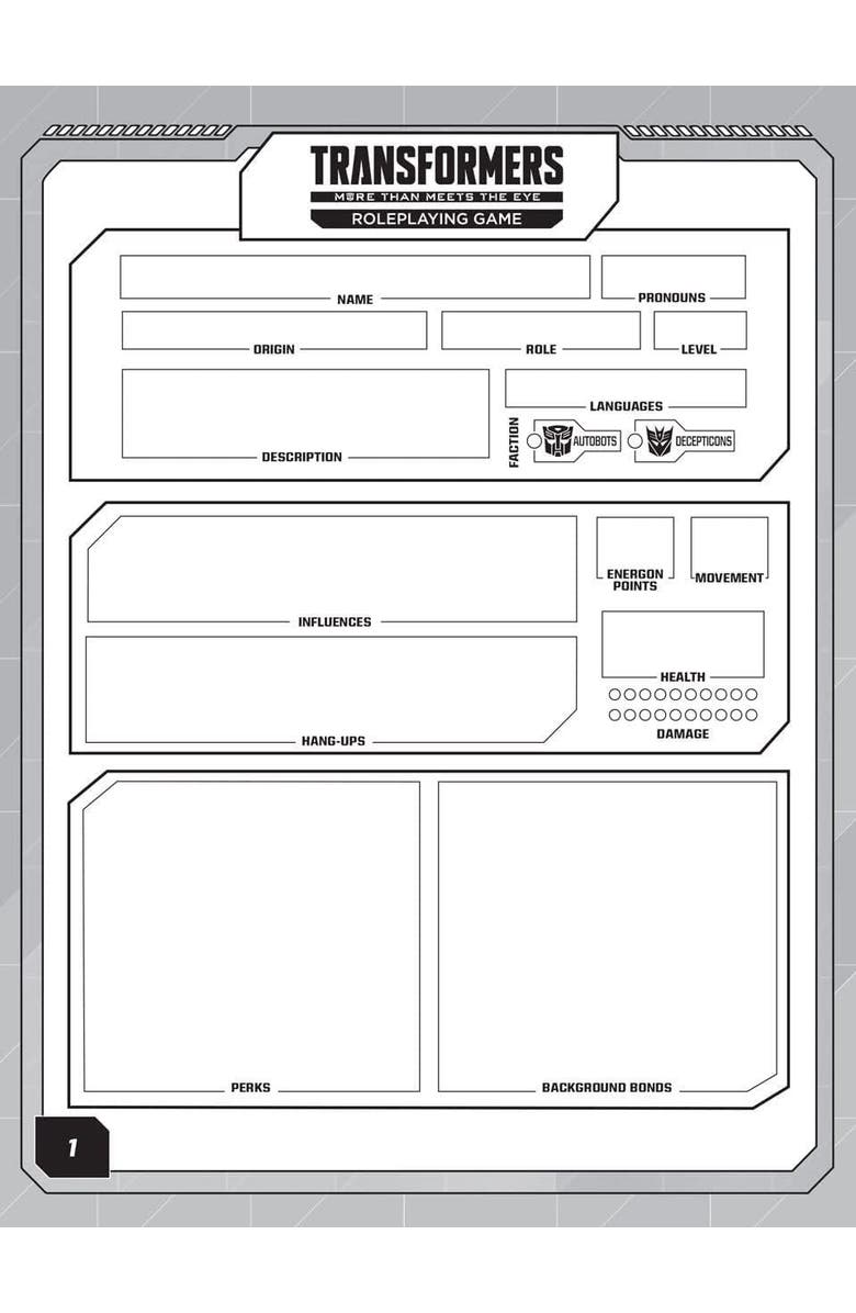 Renegade Game Studios Transformers Roleplaying Game Expanded Character Sheet Journal, Alternate, color,