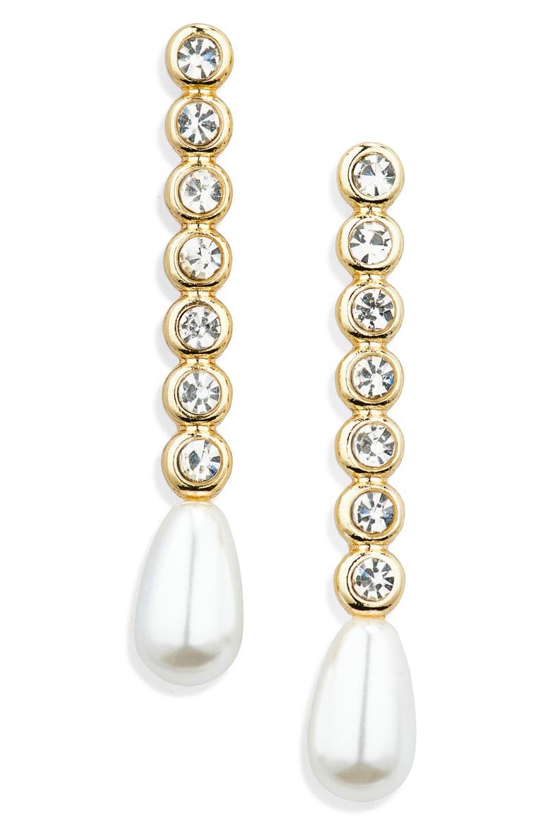 Faux Pearl & Cubic Zirconia Linear Drop Earrings, Main, color, PEARL