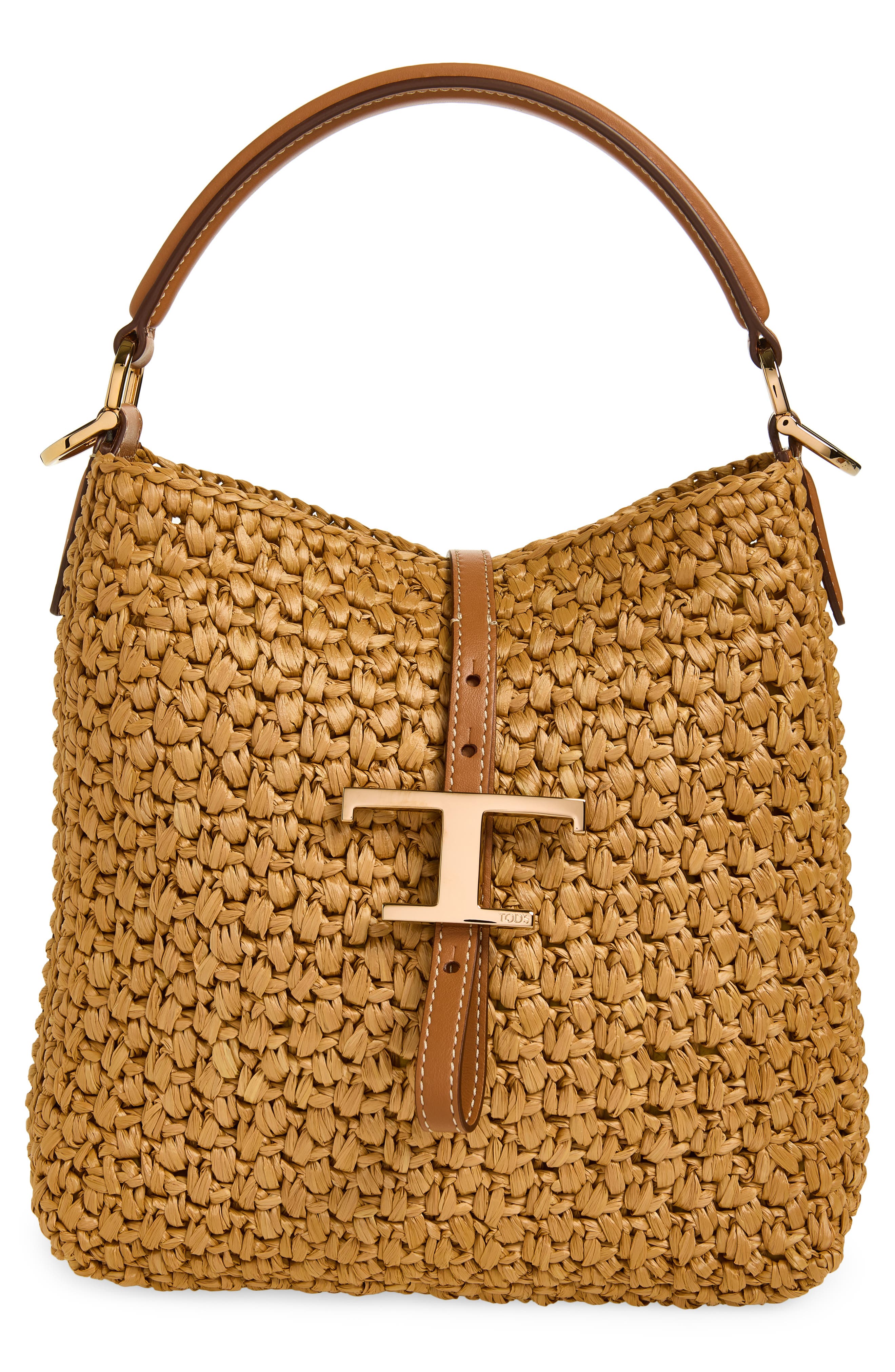 Tod's T Timeless Crochet Raffia & Leather Bucket Bag, Main, color, Naturale/ Kenia