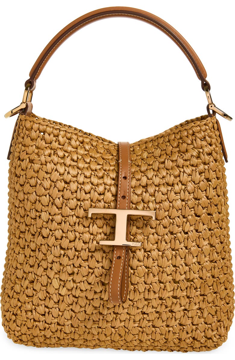Tod's T Timeless Crochet Raffia & Leather Bucket Bag, Main, color, Naturale/ Kenia